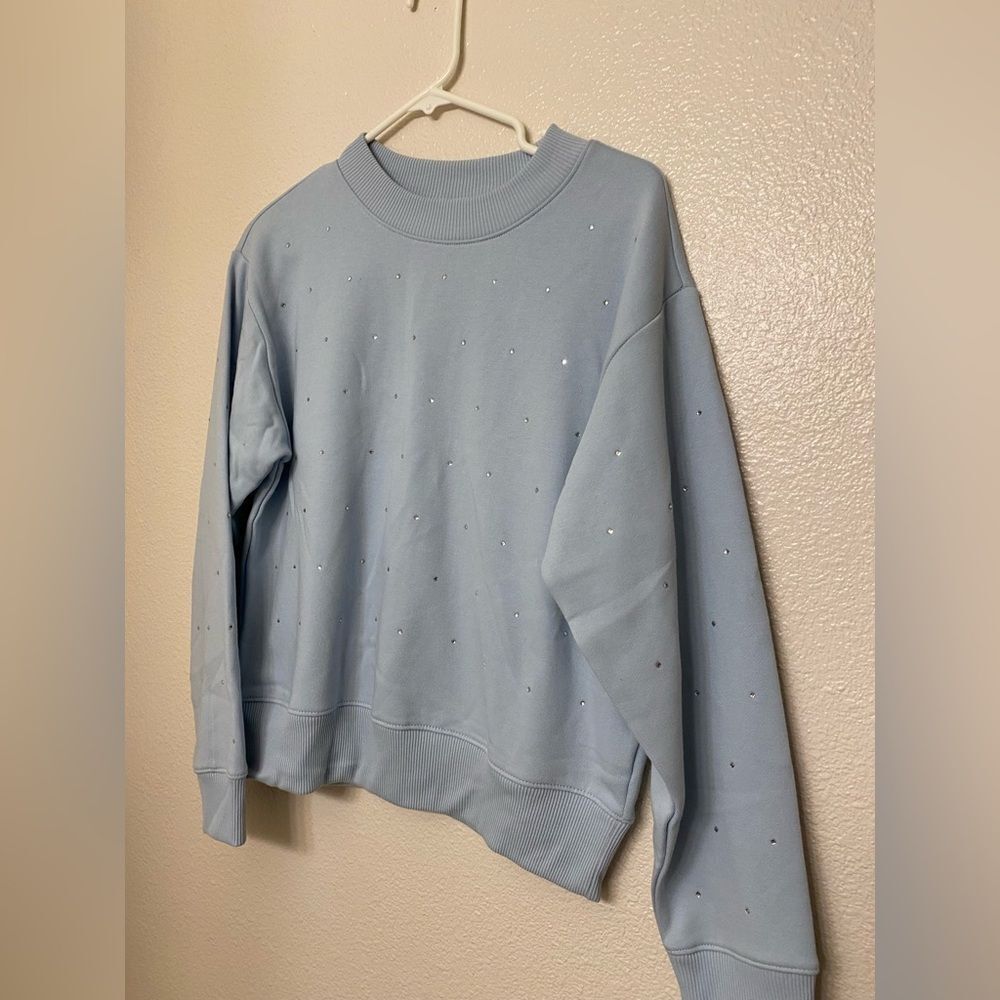 A New Day Rhinestoned Jeweled Pullover Sweatshirt crew neck light blue NWOT XS